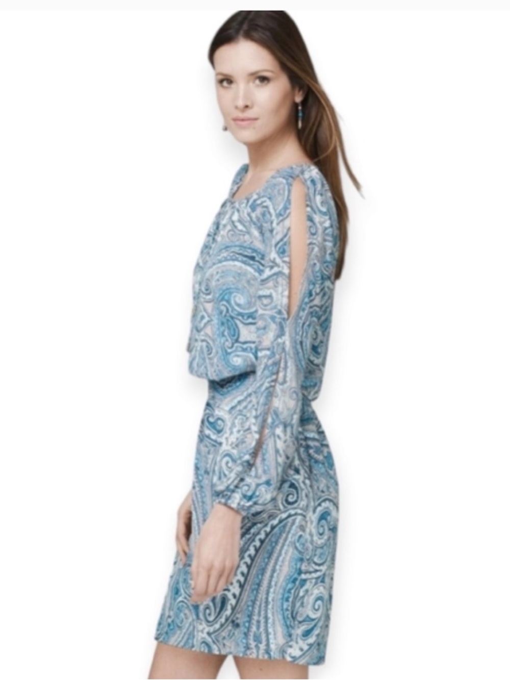 White House Black Market Blue Paisley Cold-Shoulder Mini Dress Open Sleeve Smock